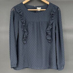J.Crew Women's Ruffle Front Top in Clip Dot 8 Navy Career Office Professional
